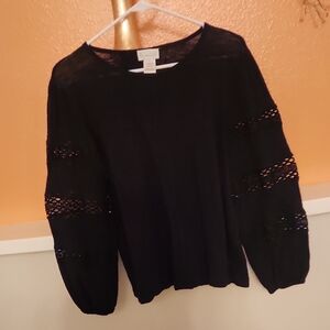 Linda Leal Long Lace Cutout Peasant Sleeve Cotton Top. Black Pullover